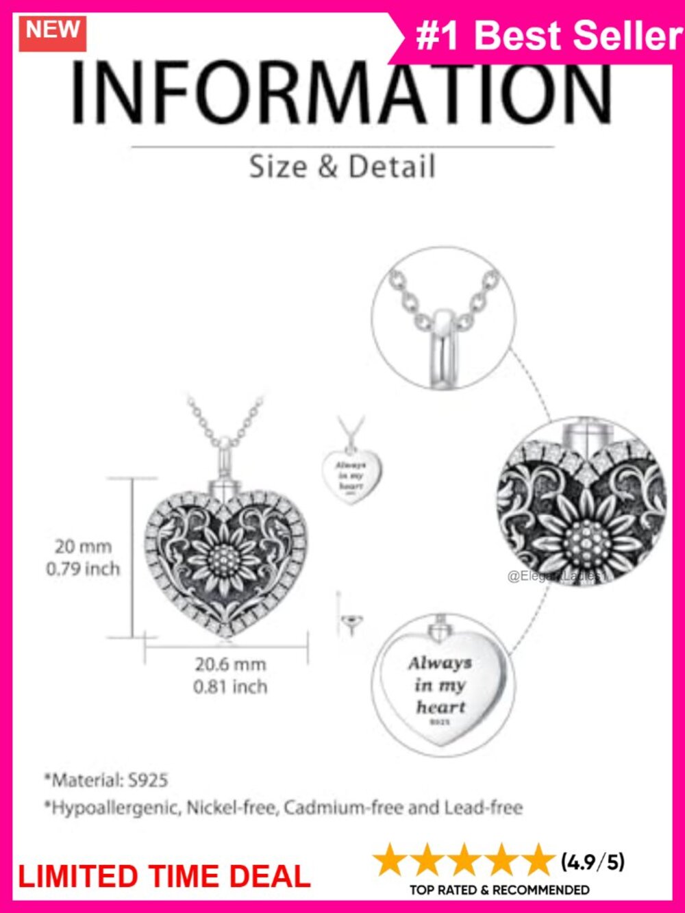 925 Sterling Silver Heart Urn Necklace Sunflower Cremation Jewelry - Picture 5 of 5